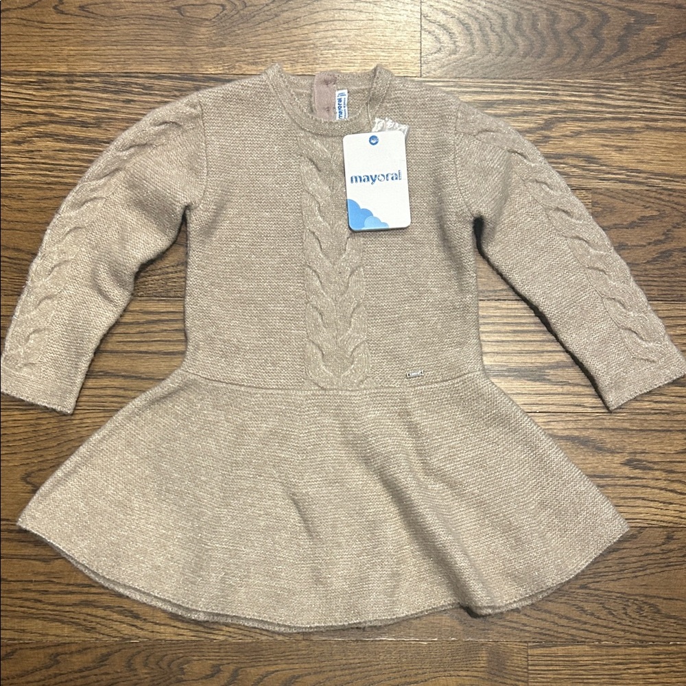 Mayoral Beige Cable-Knit Peplum Sweater Dress